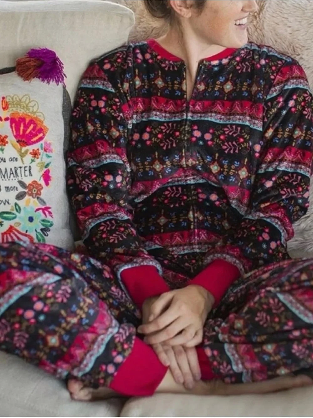 Natural Life Boho Dark Floral Patterned Fleece Cozy One-Piece Jumpsuit Size M